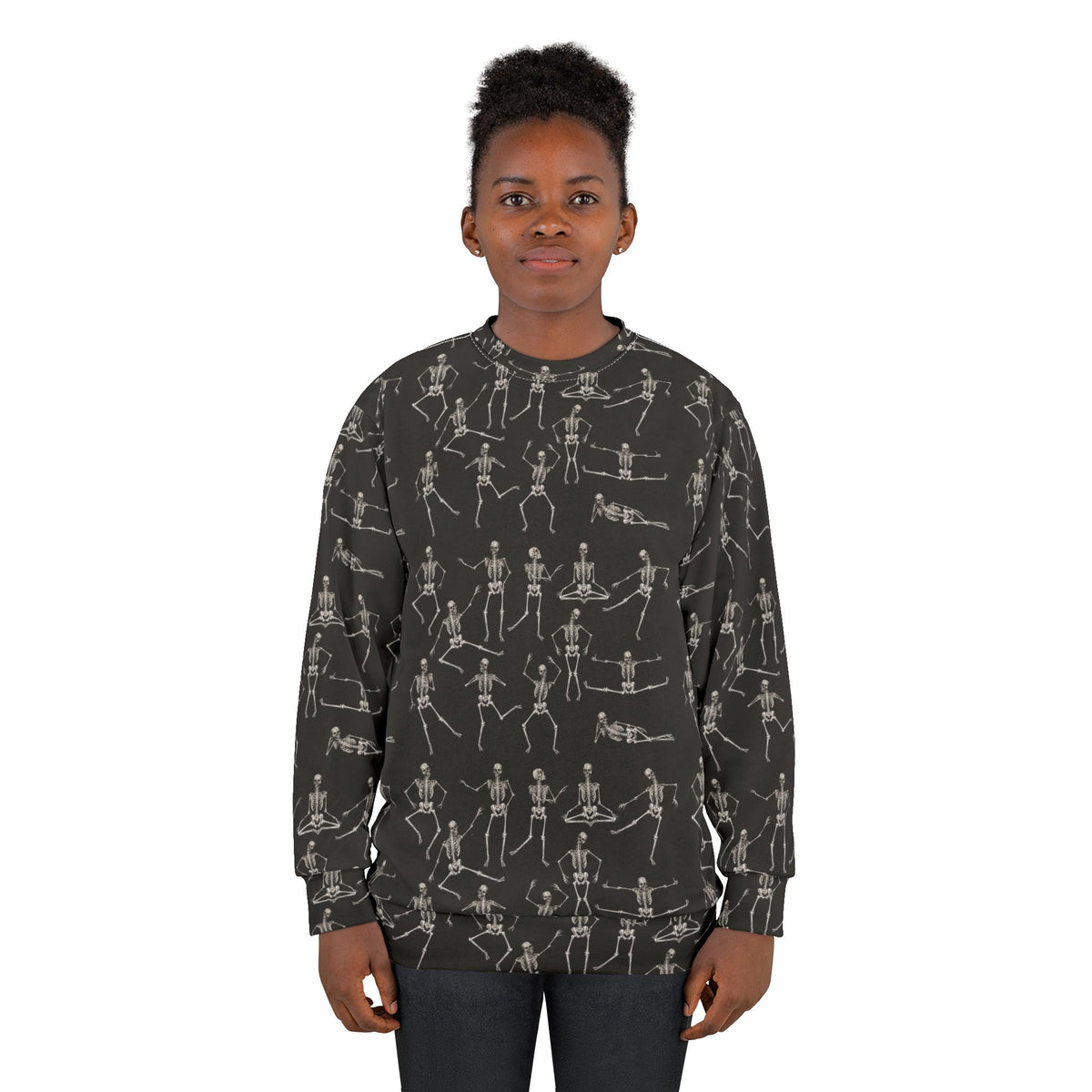 Female model wearing the Black Dancing Skeletons Sweatshirt with an all-over skeleton print