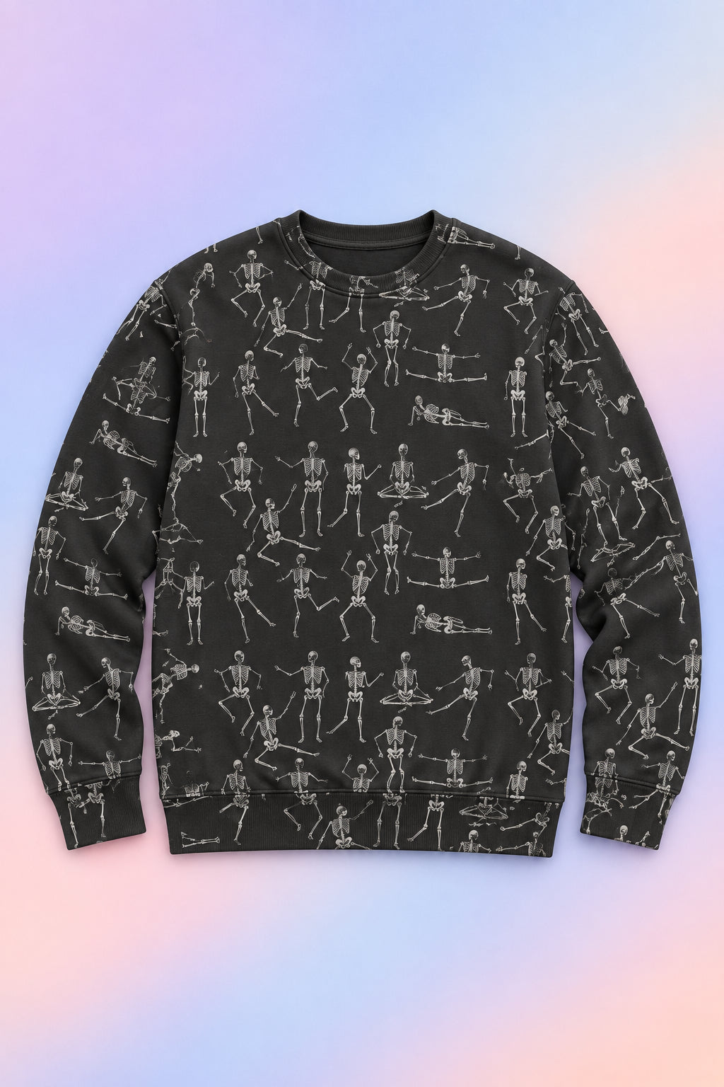 Black Dancing Skeletons Sweatshirt flat lay on a soft pastel gradient background