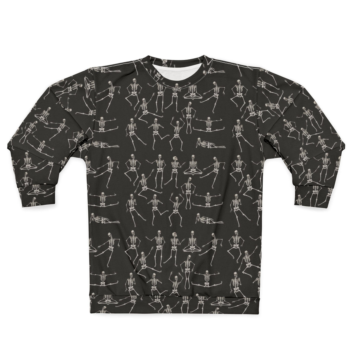 Front view of the Black Dancing Skeletons Sweatshirt with all-over skeleton print