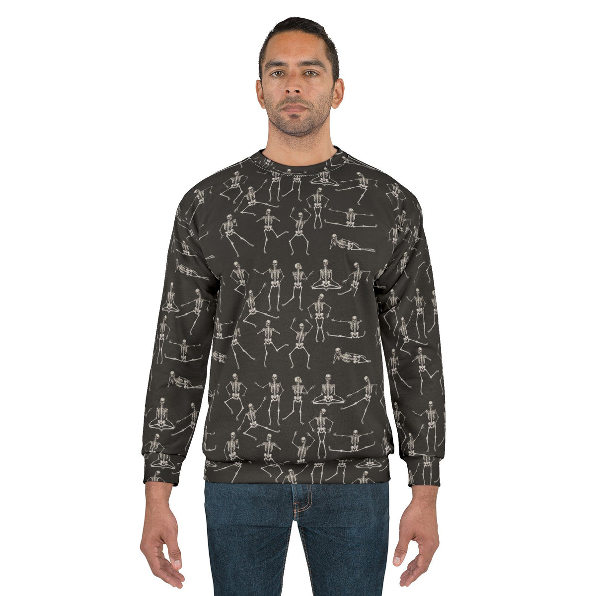 Male model wearing the Black Dancing Skeletons Sweatshirt with a classic unisex fit