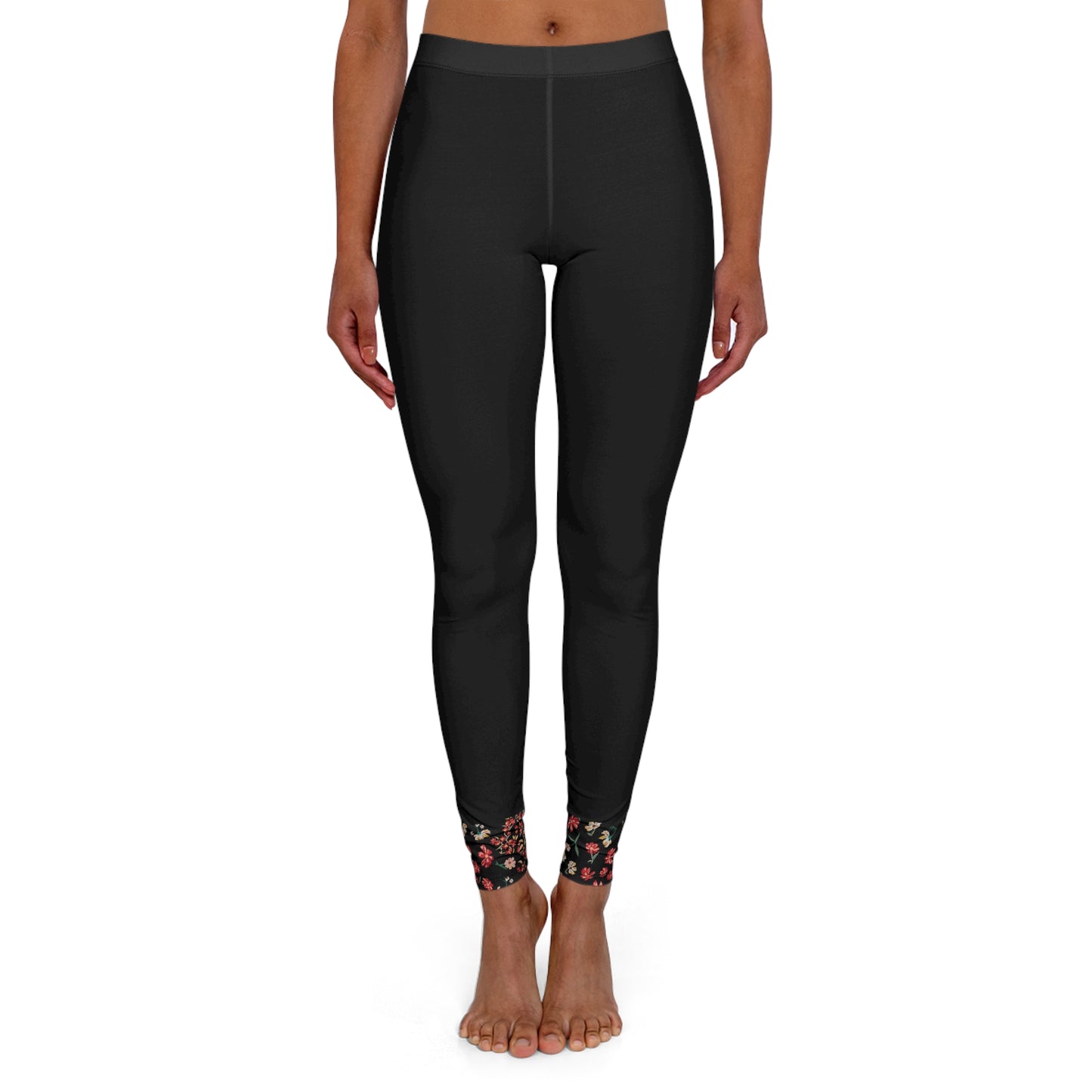 Front view of black high waist leggings with floral ankle detail and soft stretch activewear fit.