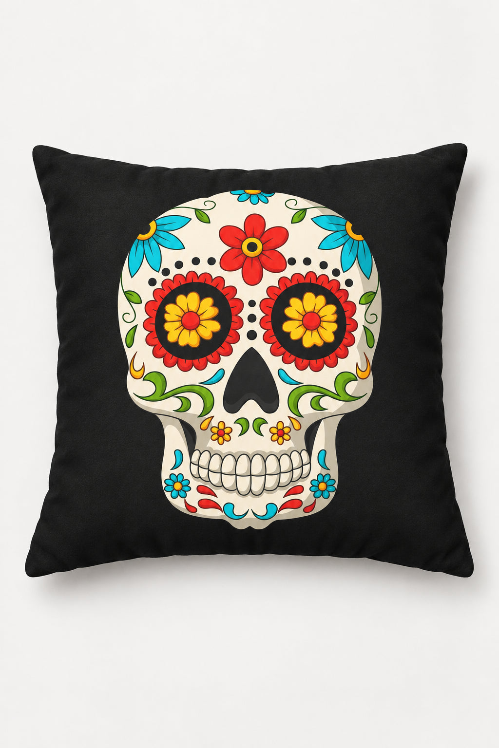 Black 16 x 16 faux suede throw pillow cover with colorful sugar skull design