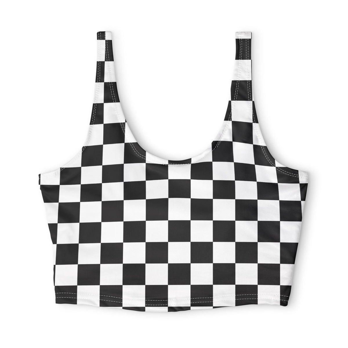 Front view of women's black and white checkerboard sports bra with a scoop neckline and bold checkered pattern on a white background.