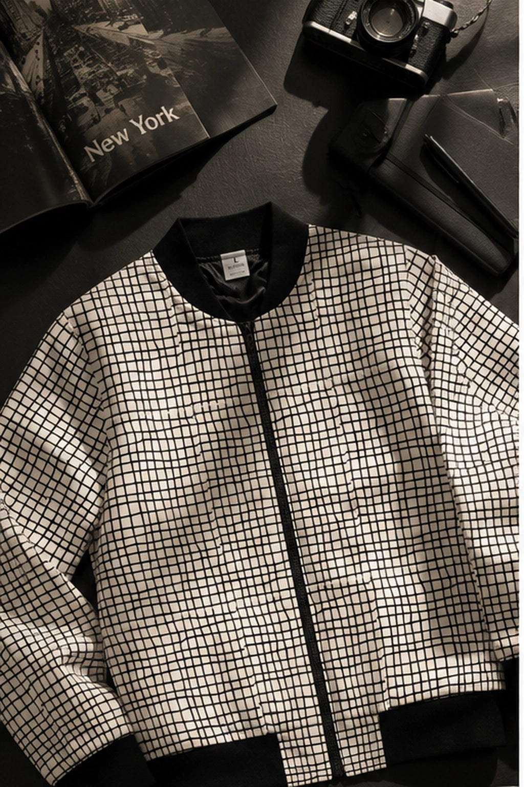 Black and white geometric grid bomber jacket styled in a cinematic fashion flat lay.