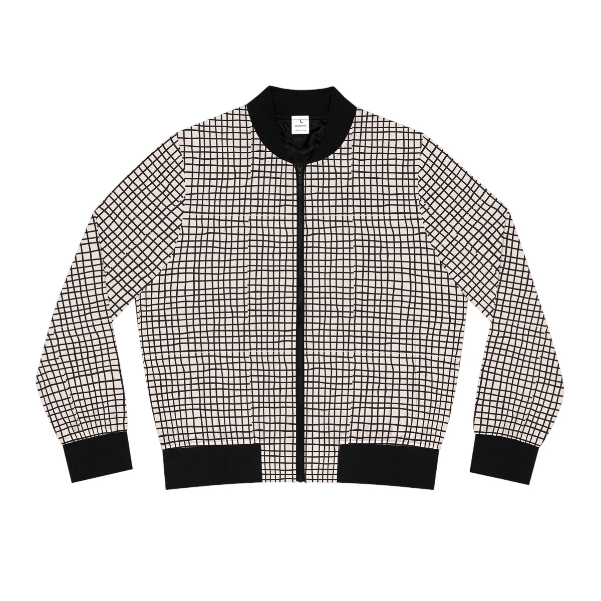 Front view of black and white grid print bomber jacket with black ribbed collar, cuffs and hem.