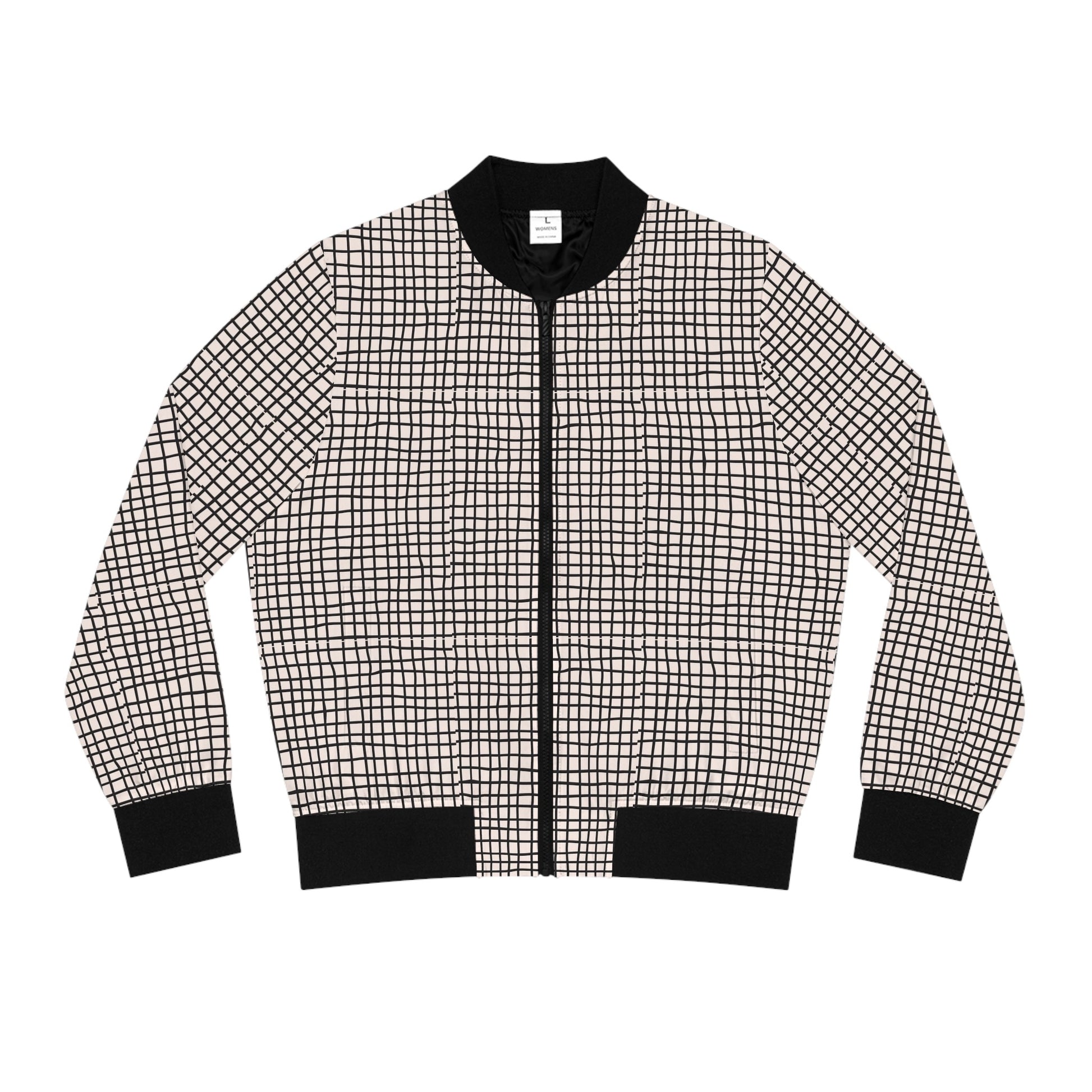 Front view of black and white grid print bomber jacket with black ribbed collar, cuffs and hem.