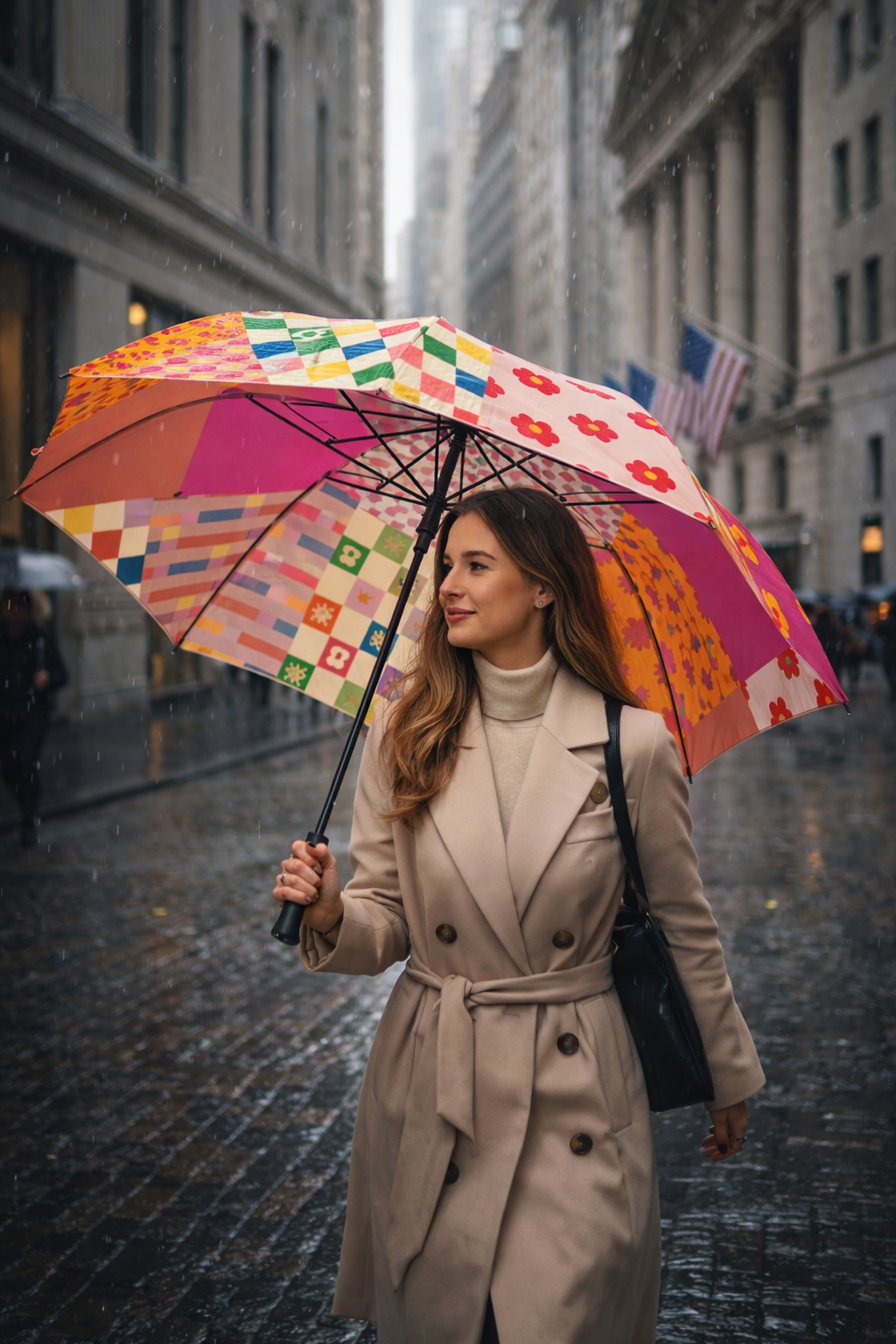 Woman carrying Blossom Quilt floral umbrella while walking through a rainy city street