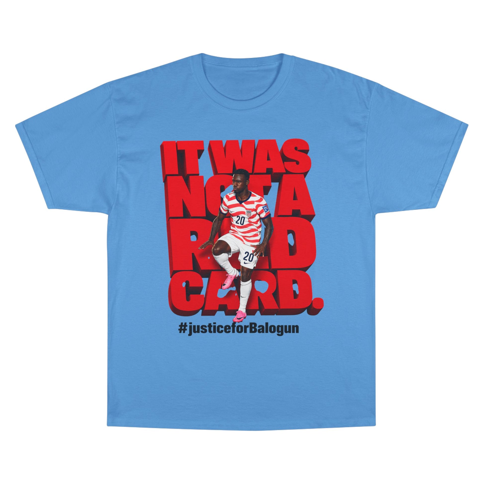 blue soccer graphic t-shirt with It Was Not a Red Card Balogun front view