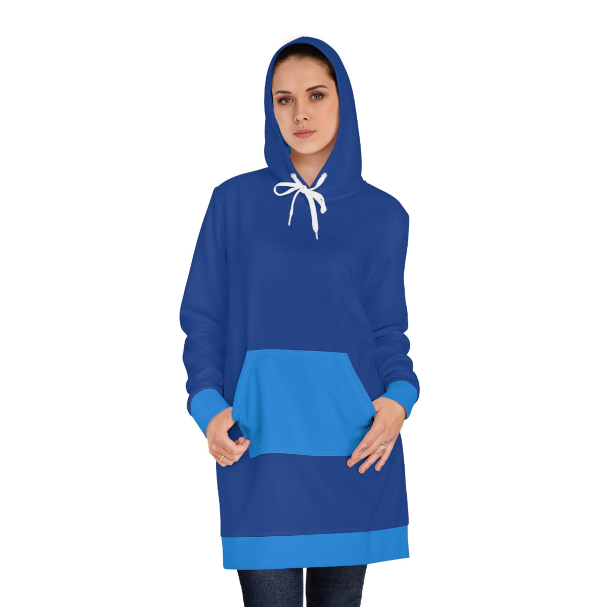 Woman wearing blue color block hoodie dress front view