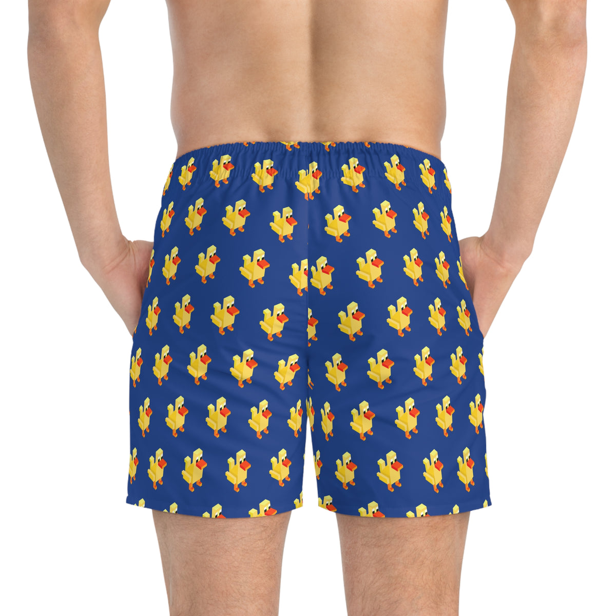 Men's blue duck print swim trunks back view on model
