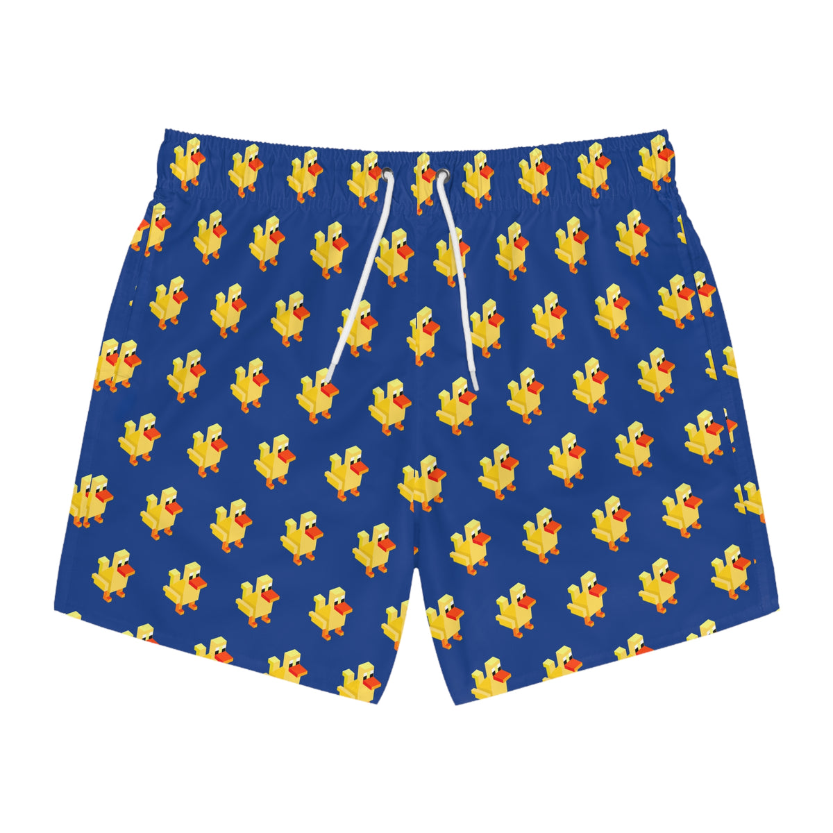 Blue duck print men's swim trunks front view with white drawstring