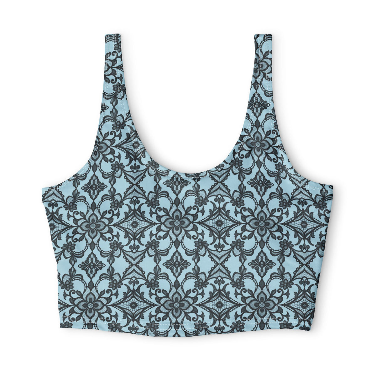Front view of blue floral lace print sports bra with black ornamental flowers, wide shoulder straps and comfortable cropped silhouette.