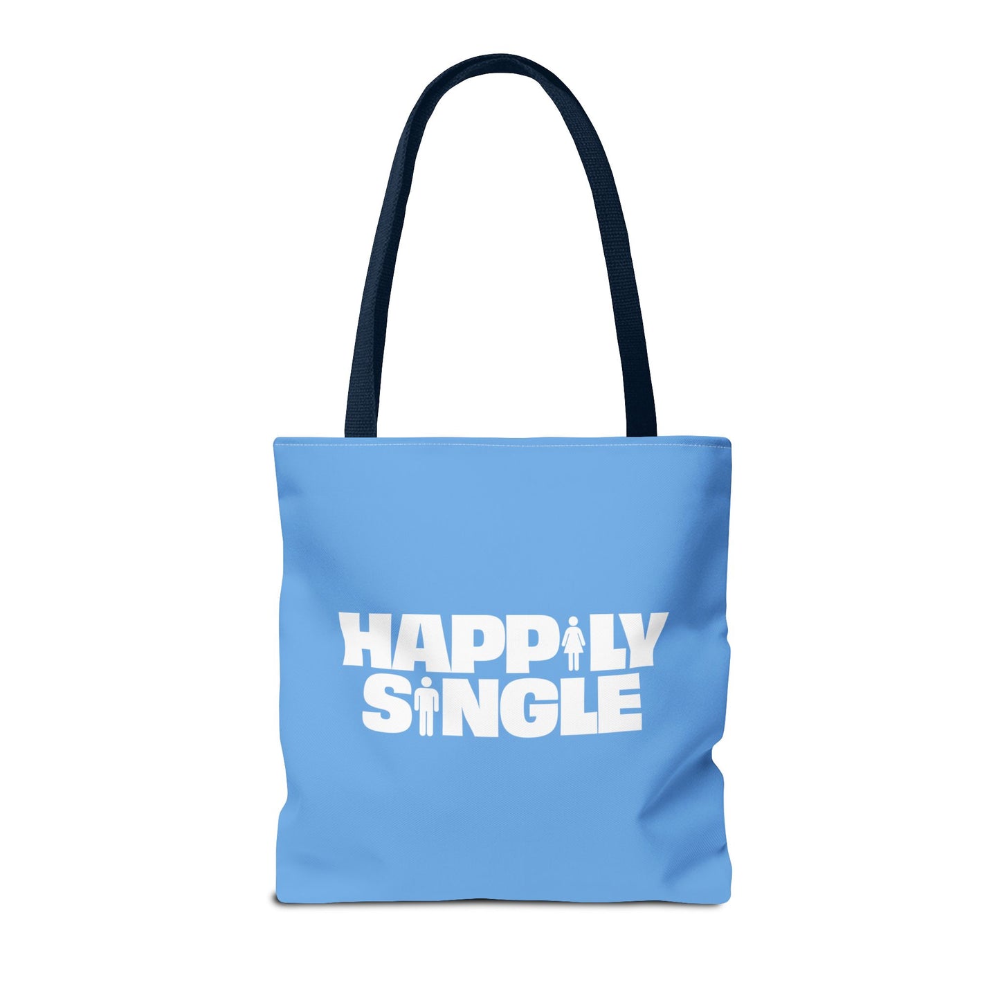 Blue Happily Single tote bag displayed with long navy handles against a white background.