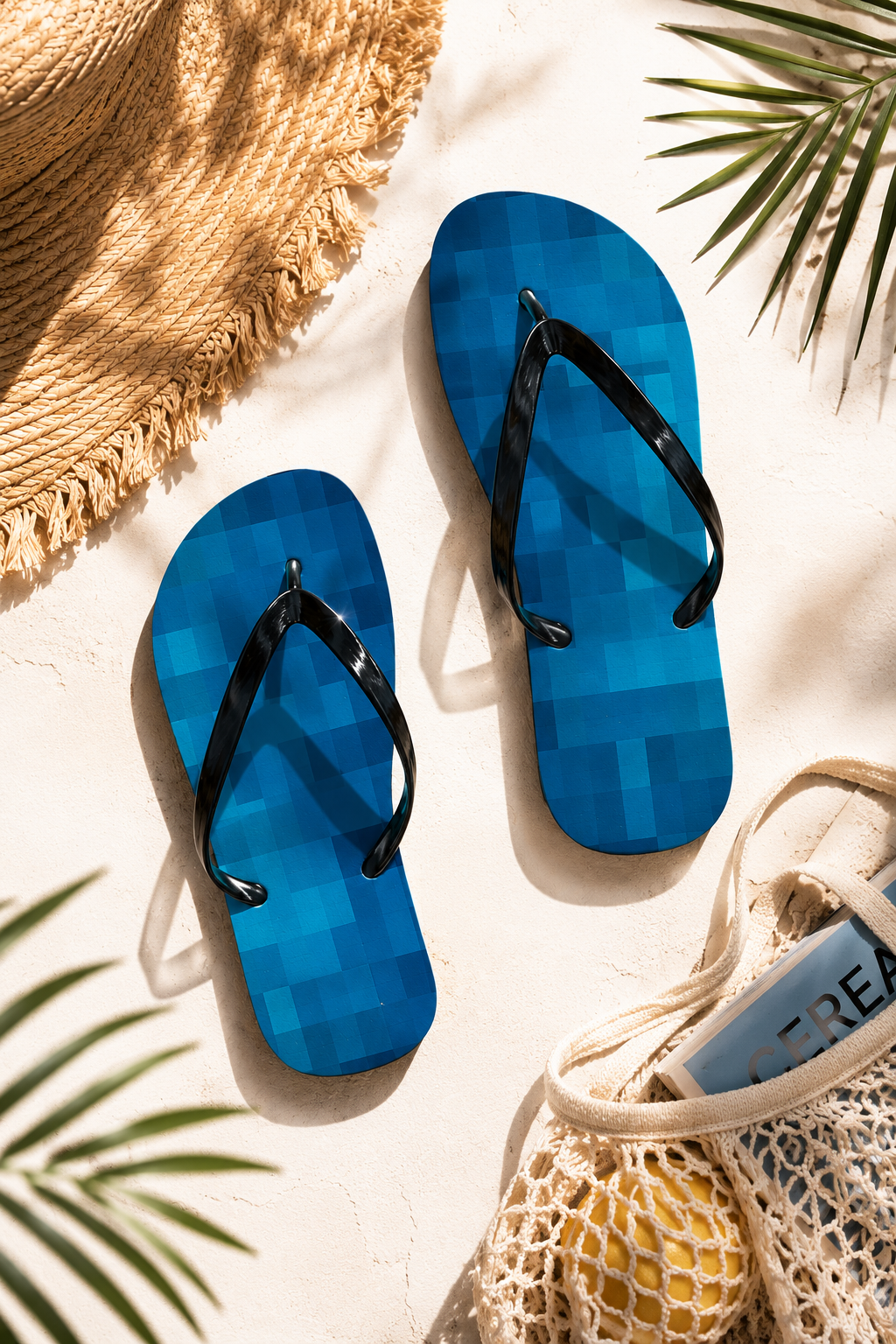 Blue pixel-art inspired flip flops photographed in a tropical summer flat lay with beach accessories
