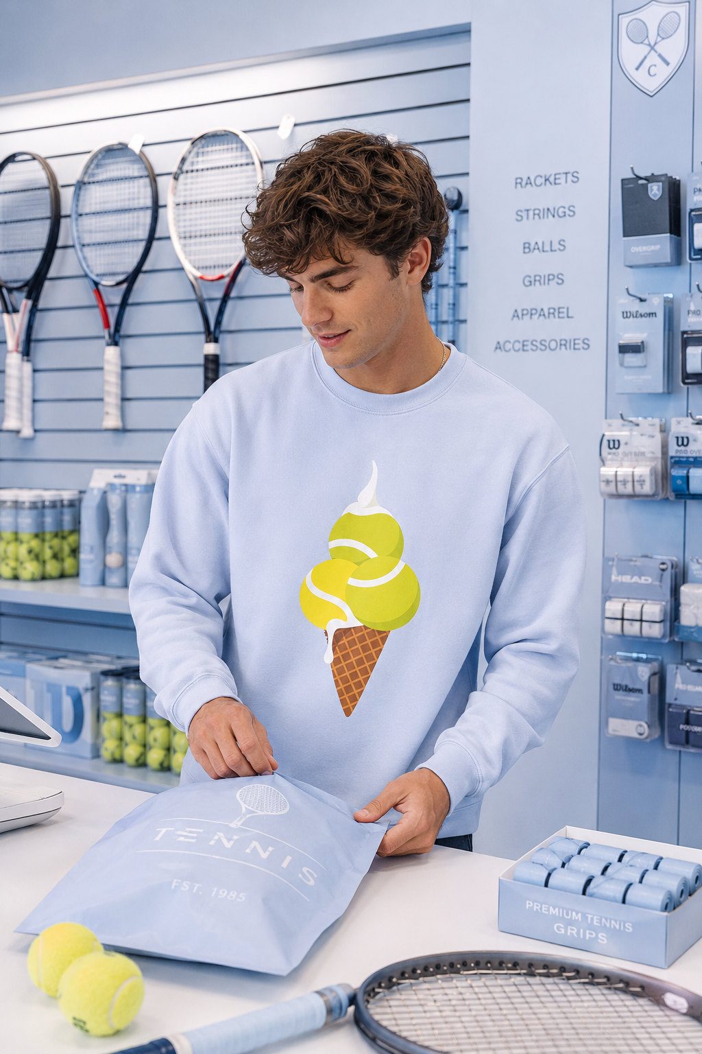 Man wearing light blue tennis sweatshirt with tennis ball ice cream graphic in a tennis shop