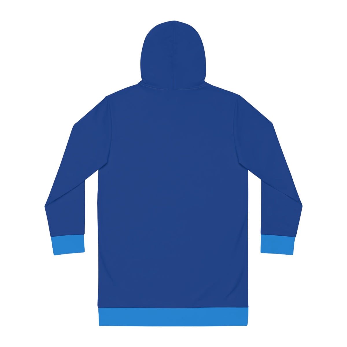 Blue women’s hooded sweatshirt dress back view with color block trim