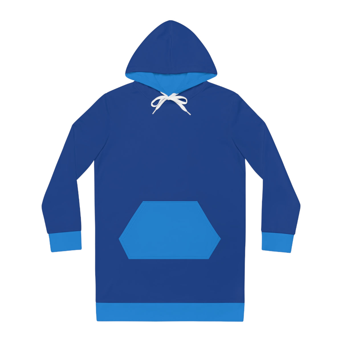 Blue women’s hoodie dress front view with bright blue kangaroo pocket and hood