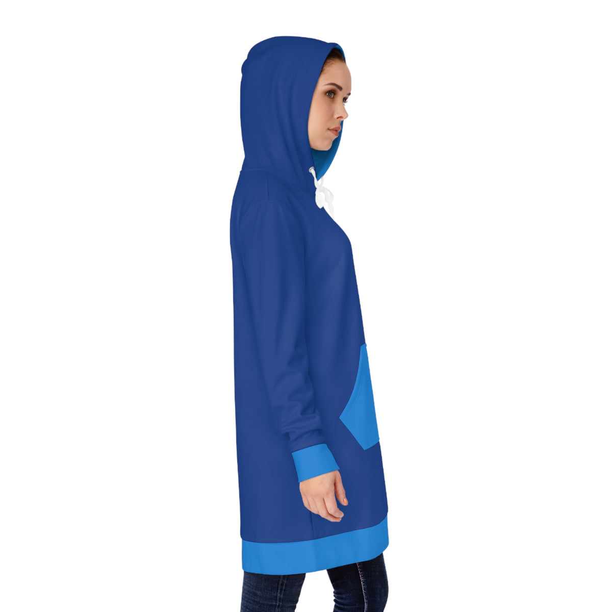 Woman wearing blue women’s hoodie dress shown from the side