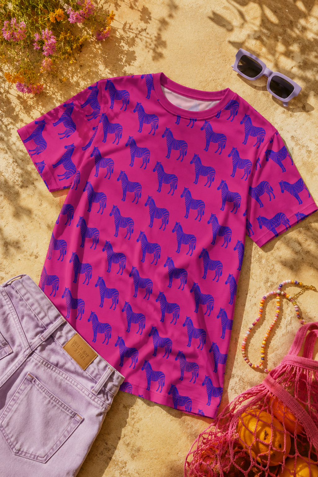Blue Zebra Graphic Unisex T-Shirt flat lay with summer accessories and vibrant pink zebra print design