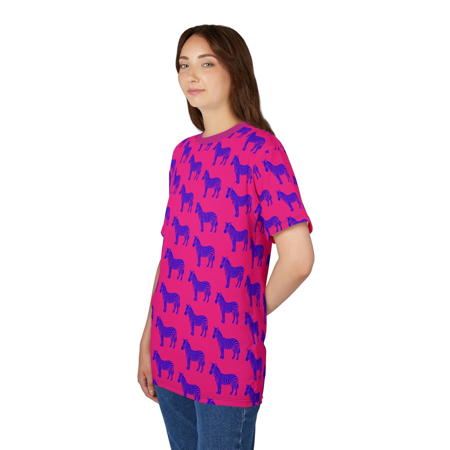 Female model wearing Blue Zebra Graphic Unisex T-Shirt in side profile against clean studio background