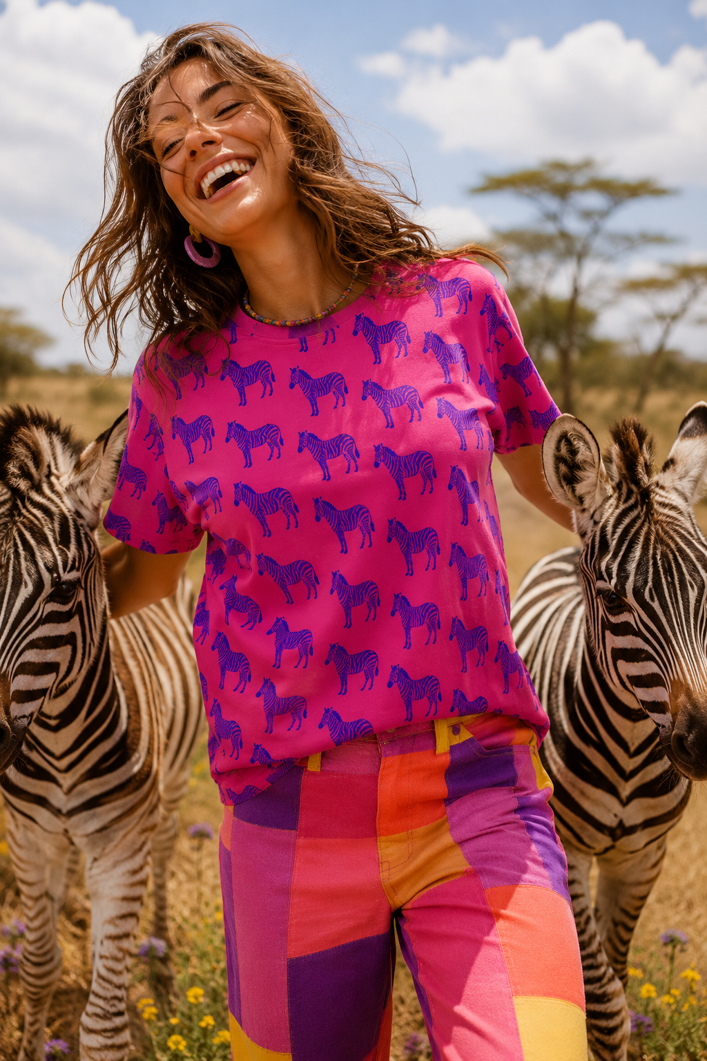 Woman wearing Blue Zebra Graphic Unisex T-Shirt standing beside zebras in a colorful editorial fashion photoshoot