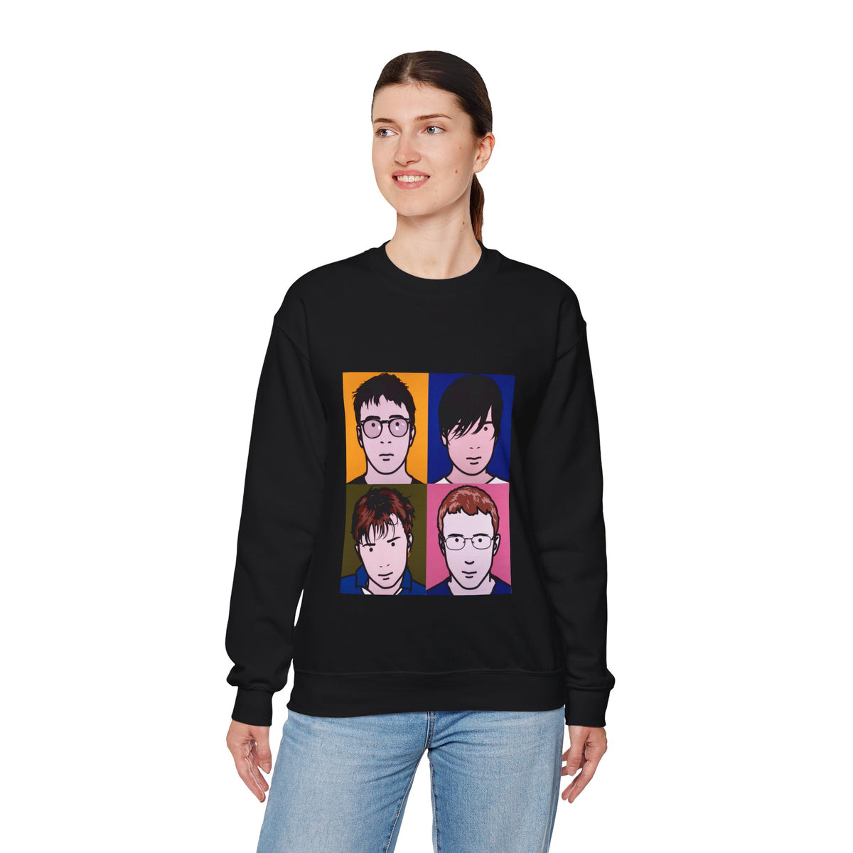 Woman wearing the black Blur Best Of Album Sweatshirt with colorful portrait graphic