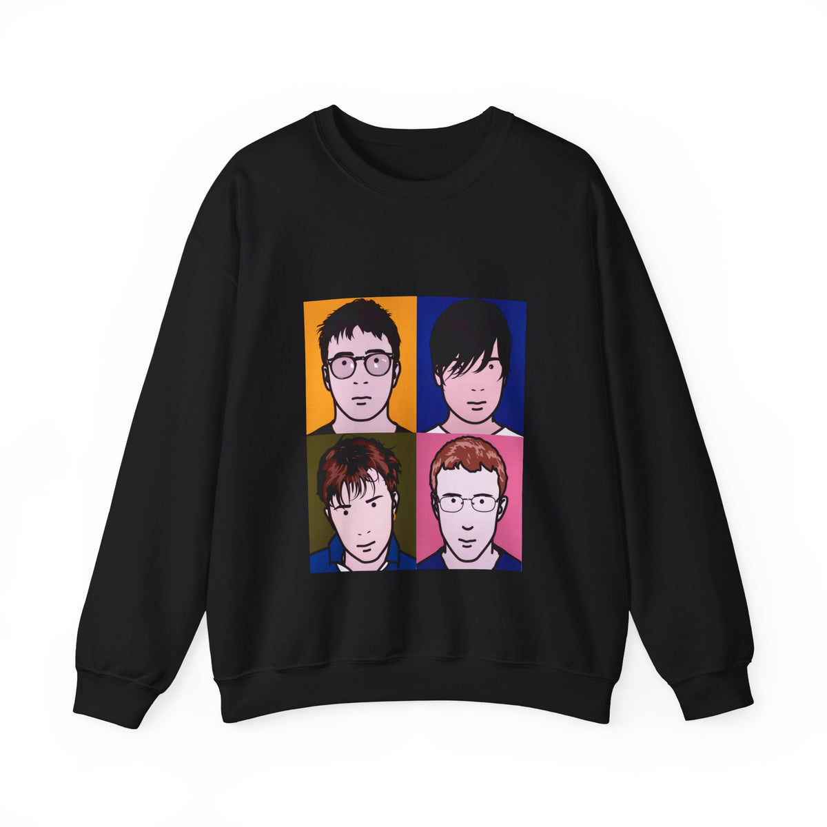 Black Blur Best Of Album Sweatshirt front view with colorful four-panel portrait artwork