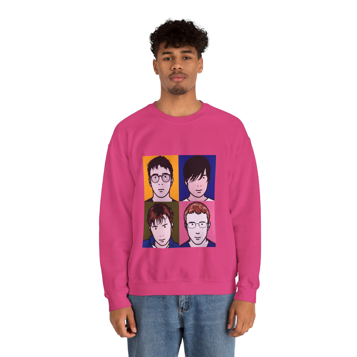 Male model wearing Heliconia Blur Tribute Unisex Sweatshirt with pop-art Blur design.