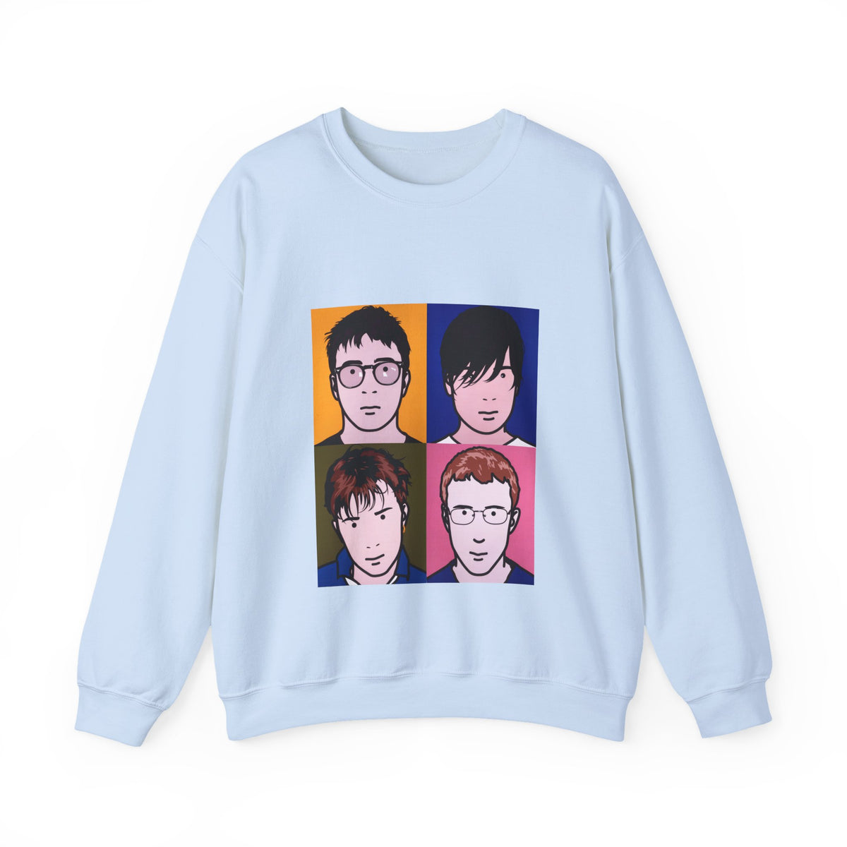 Light blue Blur Best Of Album Sweatshirt with colorful four-panel portrait graphic