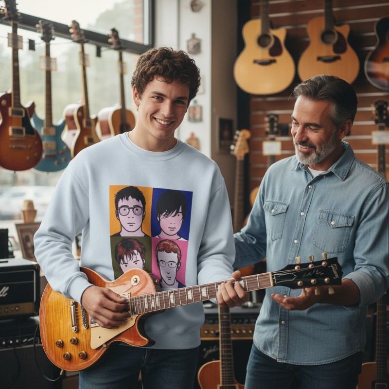 Man wearing the light blue Blur Best Of Album Sweatshirt while playing guitar in a music shop