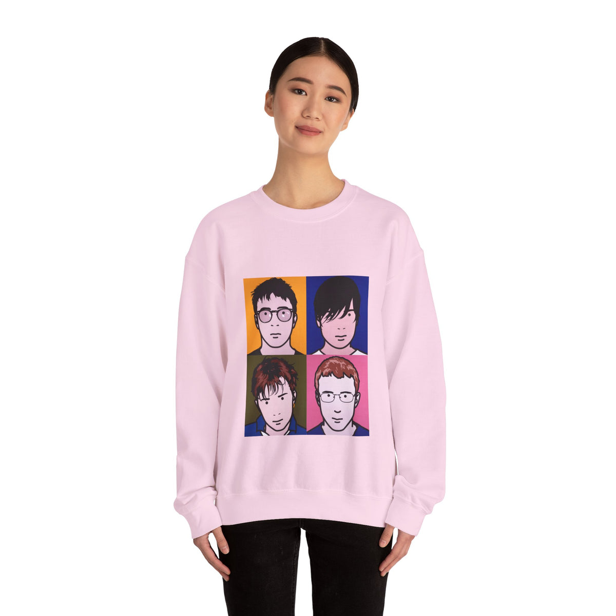 Female model wearing Light Pink Blur Tribute Unisex Sweatshirt featuring album art.