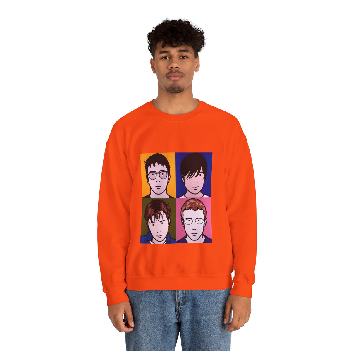 Male model wearing Orange Blur Tribute Unisex Sweatshirt with Blur-inspired design.