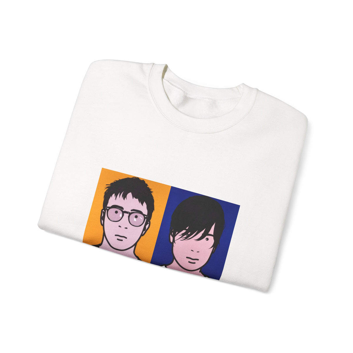 Folded white Blur Best Of Album Sweatshirt showing close-up of the colorful portrait graphic