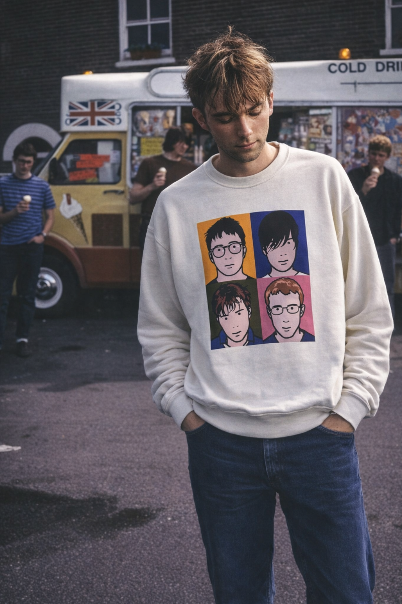 Man wearing the white Blur Best Of Album Sweatshirt with four-panel portrait graphic outdoors