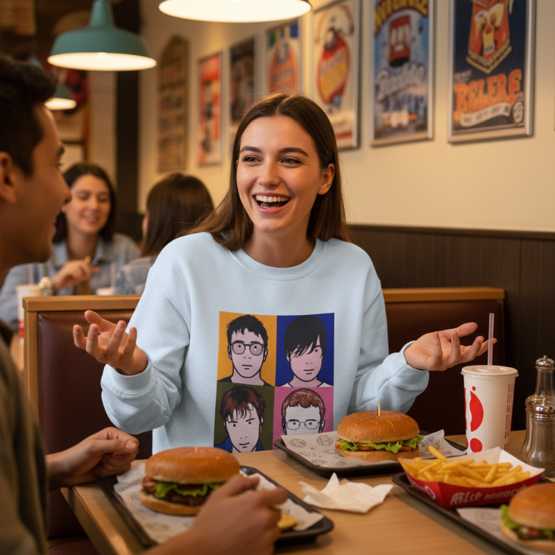 Woman wearing the white Blur Best Of Album Sweatshirt in a casual restaurant setting
