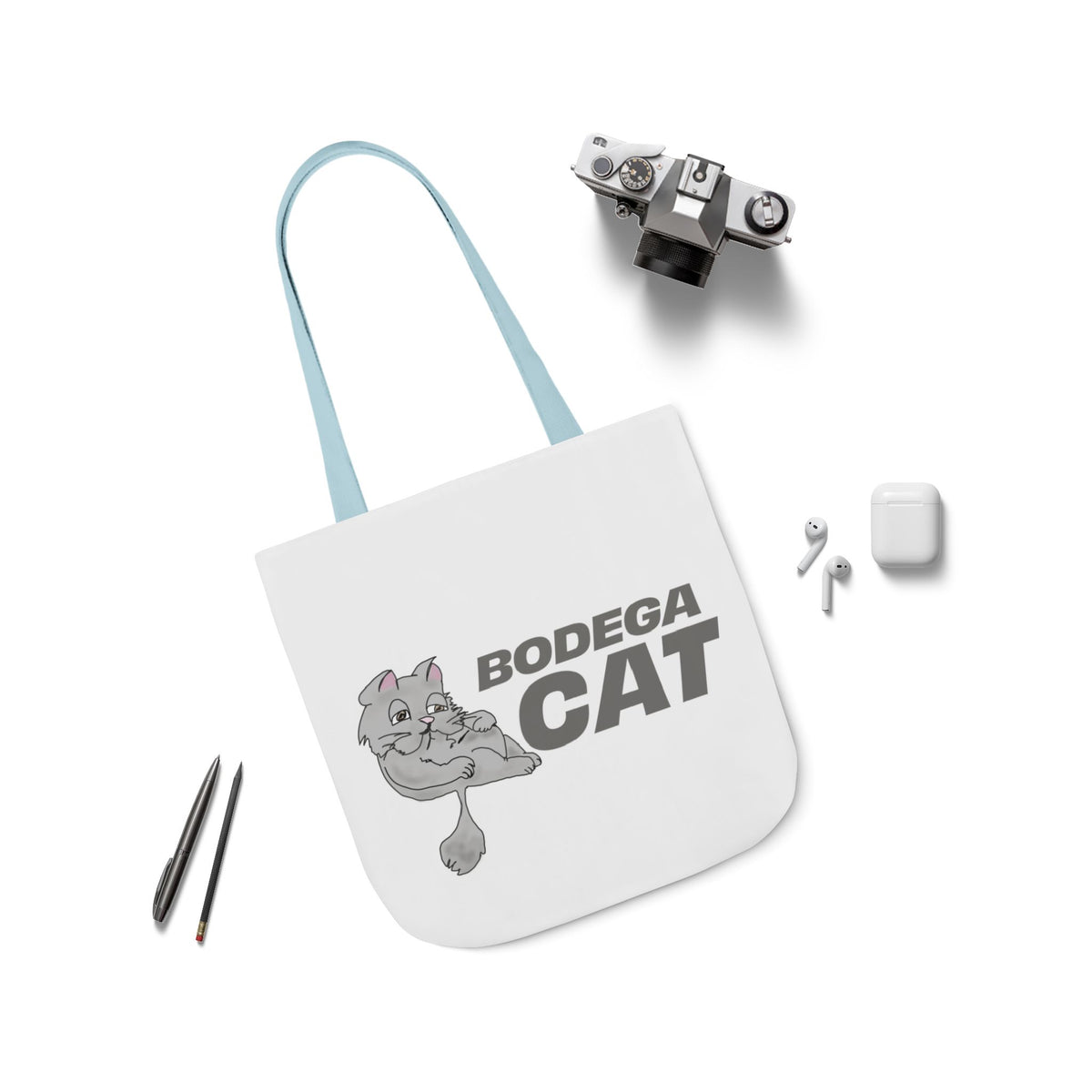 Bodega Cat white tote bag with light blue straps and gray cat graphic