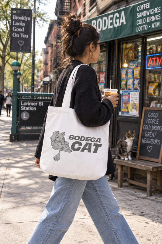 Bodega Cat white tote bag carried outside a New York City bodega