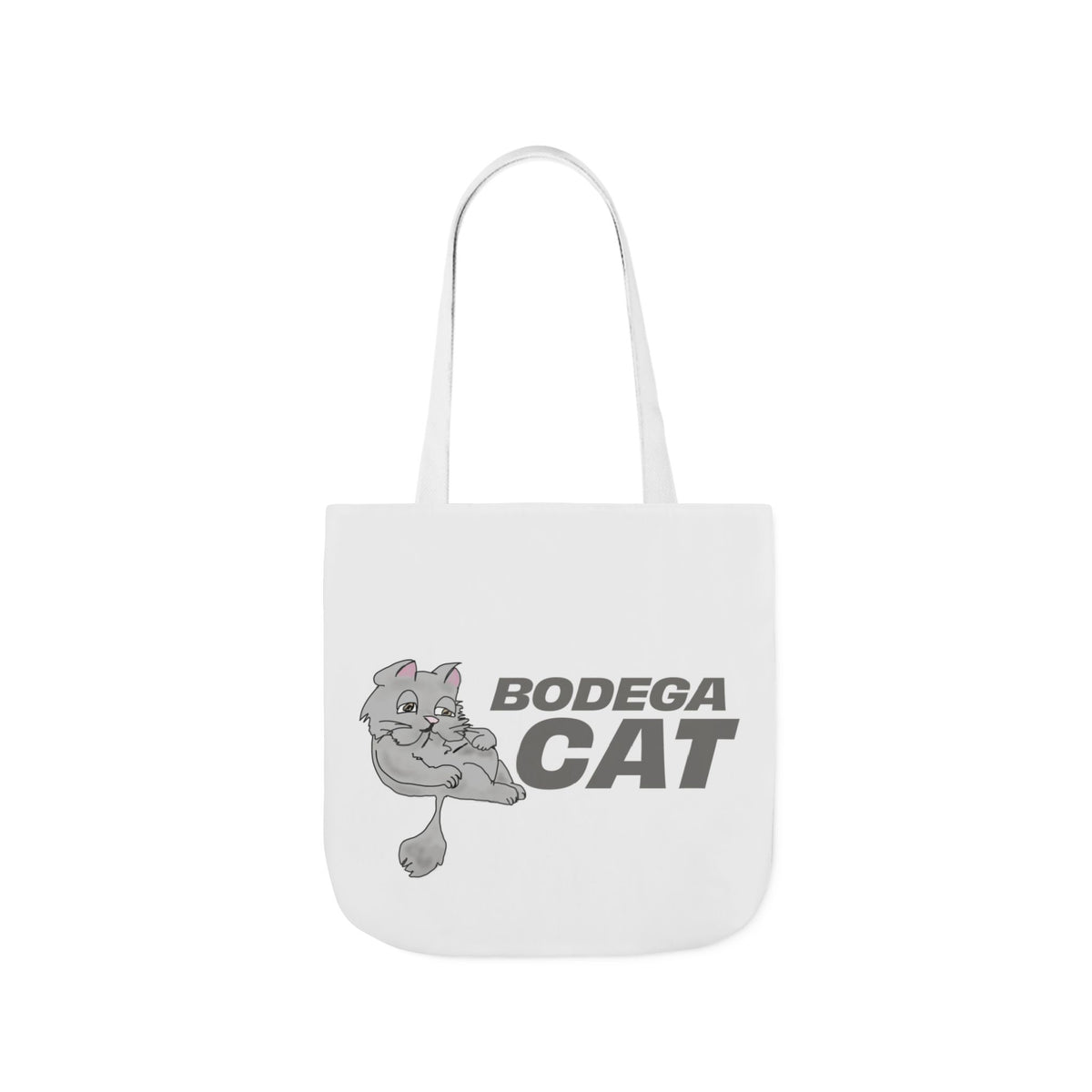 Bodega Cat white 16 x 16 tote bag with white straps and gray cat graphic
