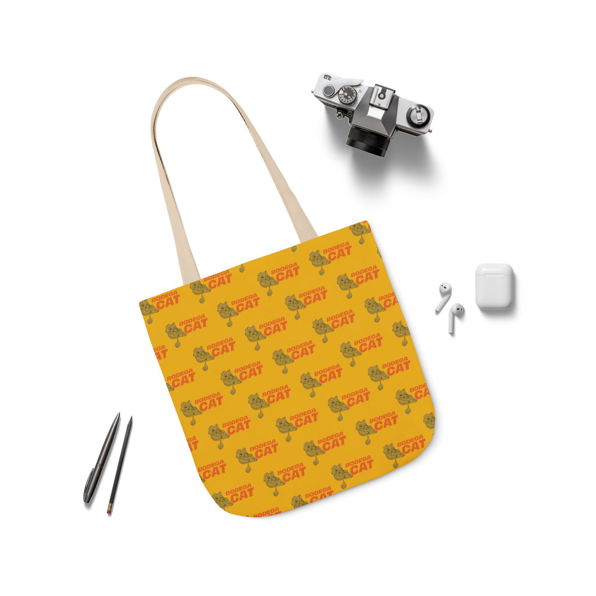 Bodega Cat yellow tote bag angled product view with beige straps