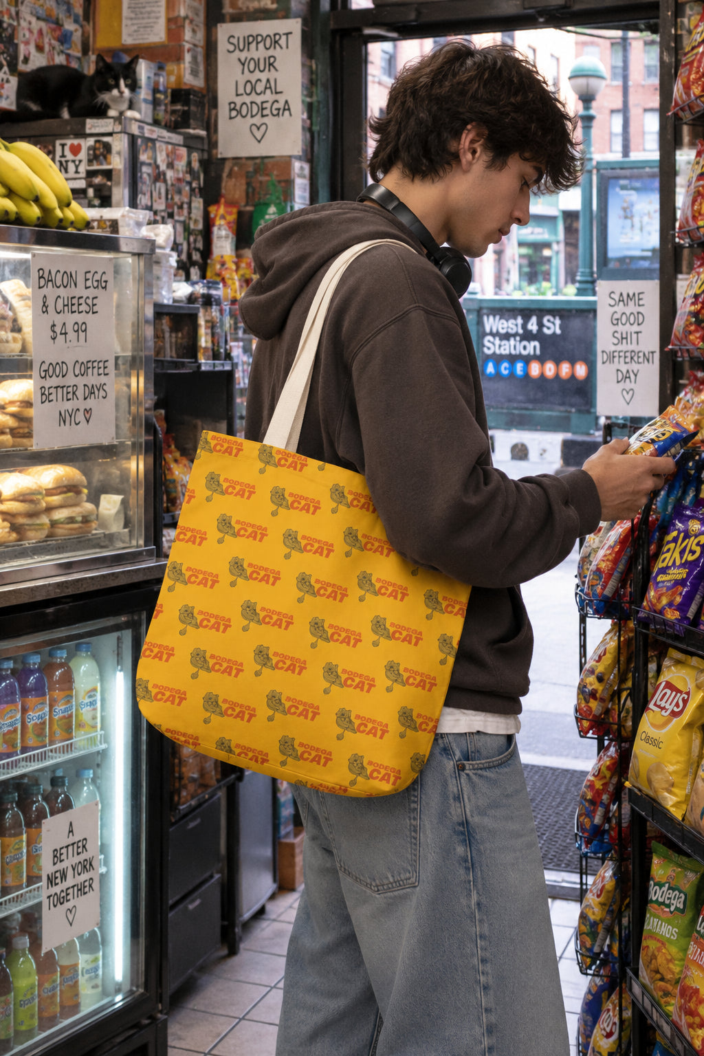 Bodega Cat yellow tote bag carried inside a New York City bodega
