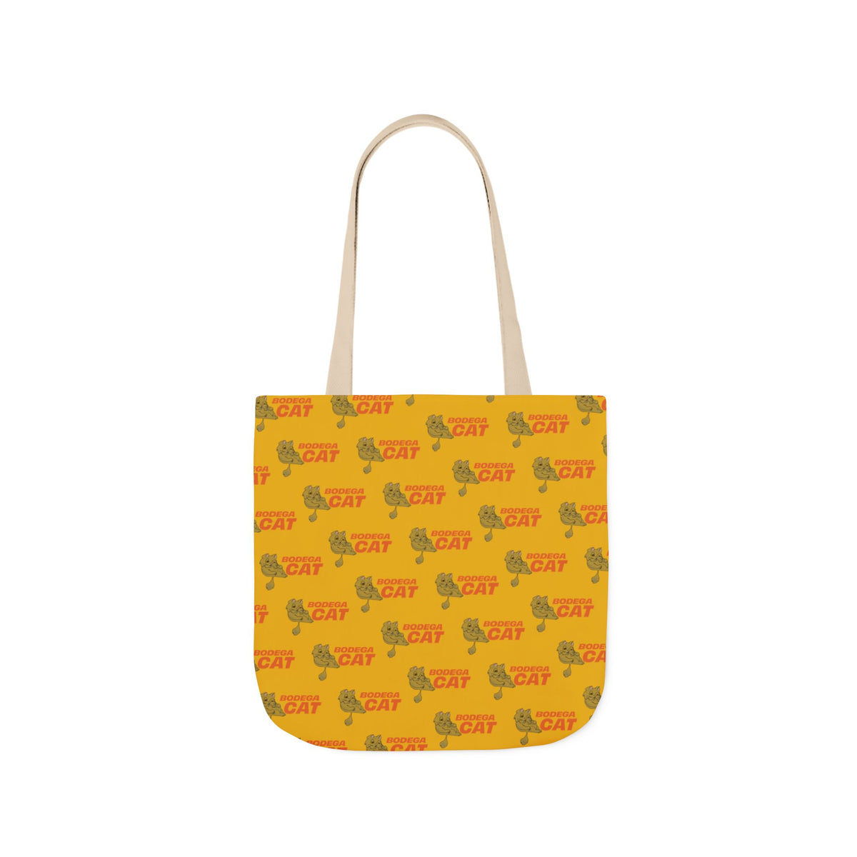 Bodega Cat yellow 16 x 16 tote bag with repeating NYC cat graphic