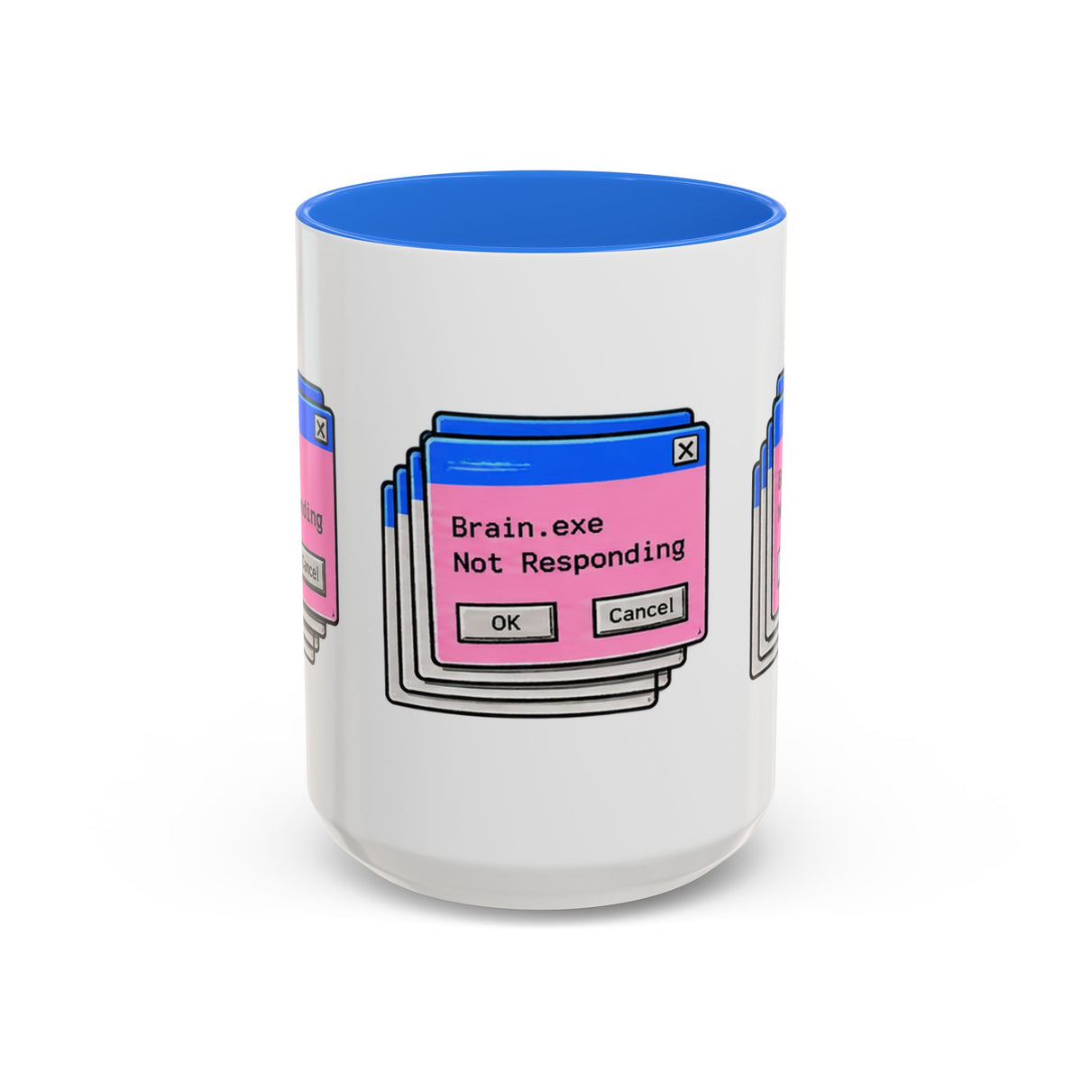Brain.exe Not Responding 15 oz tech mug with blue interior, front view