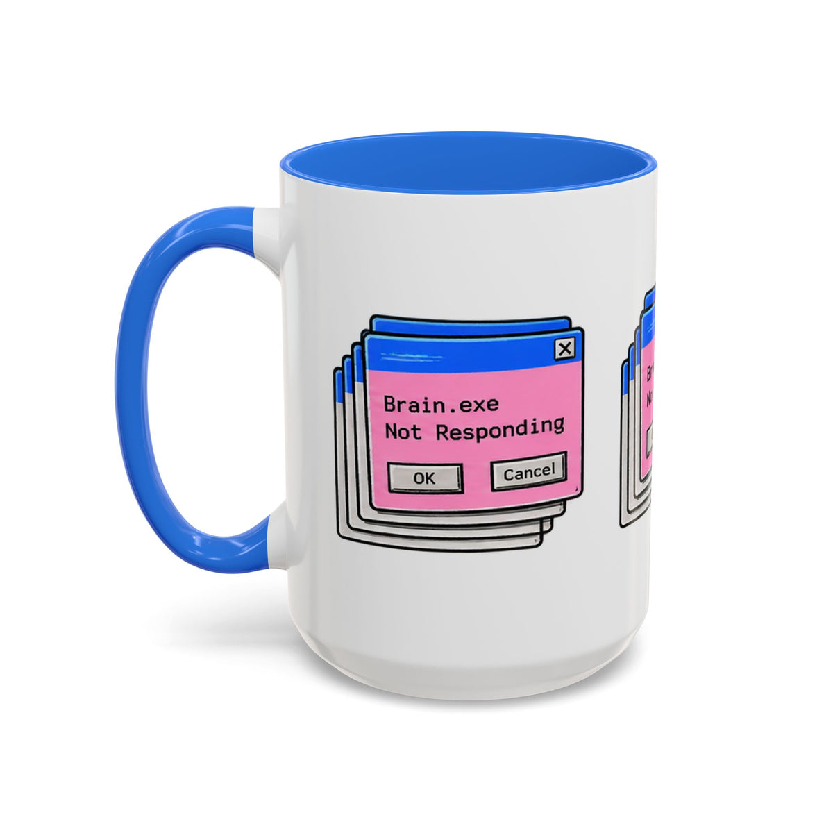 Brain.exe Not Responding 15 oz ceramic mug with blue handle and interior, left-side view