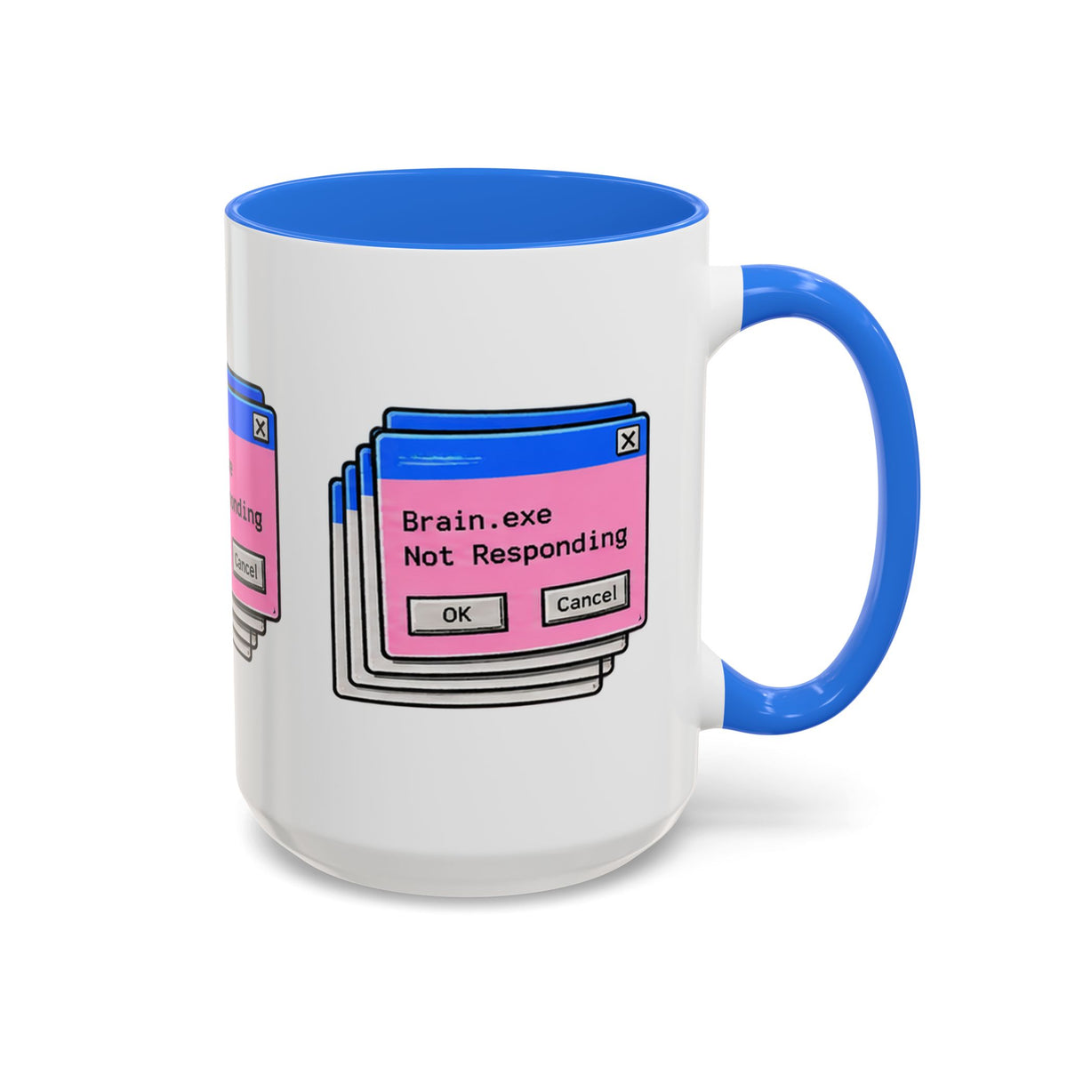 Brain.exe Not Responding programmer mug with blue handle and interior, right-side view
