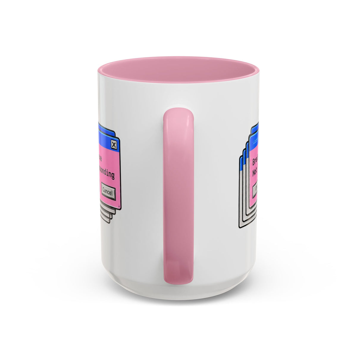 Brain.exe Not Responding ceramic programmer mug with pink handle, back view