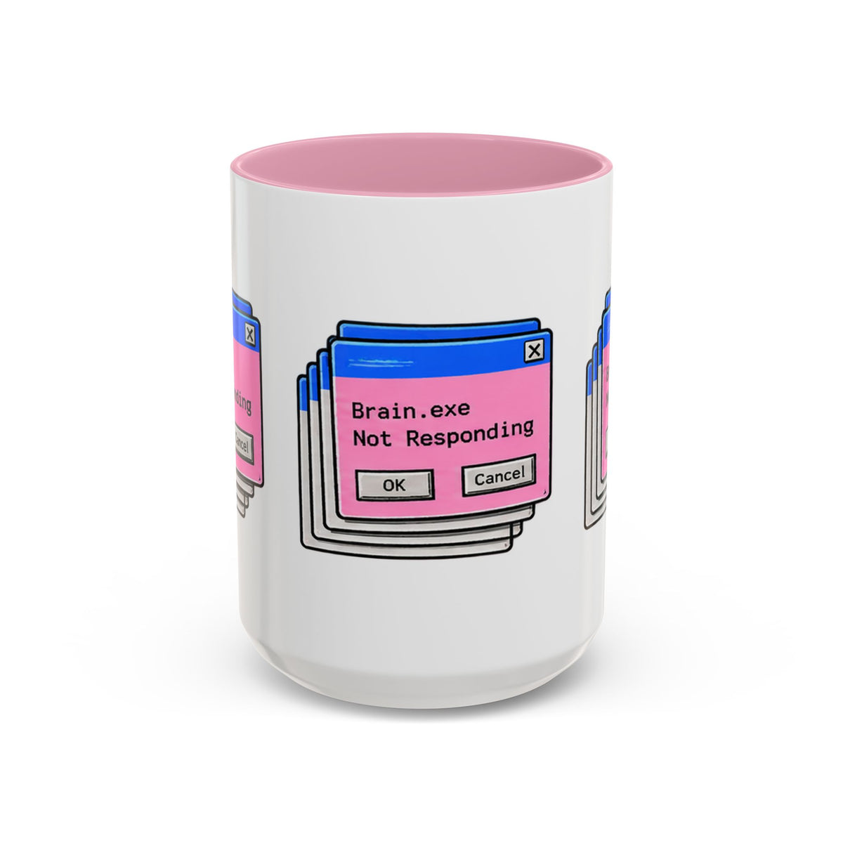 Brain.exe Not Responding 15 oz ceramic mug with pink interior, front view