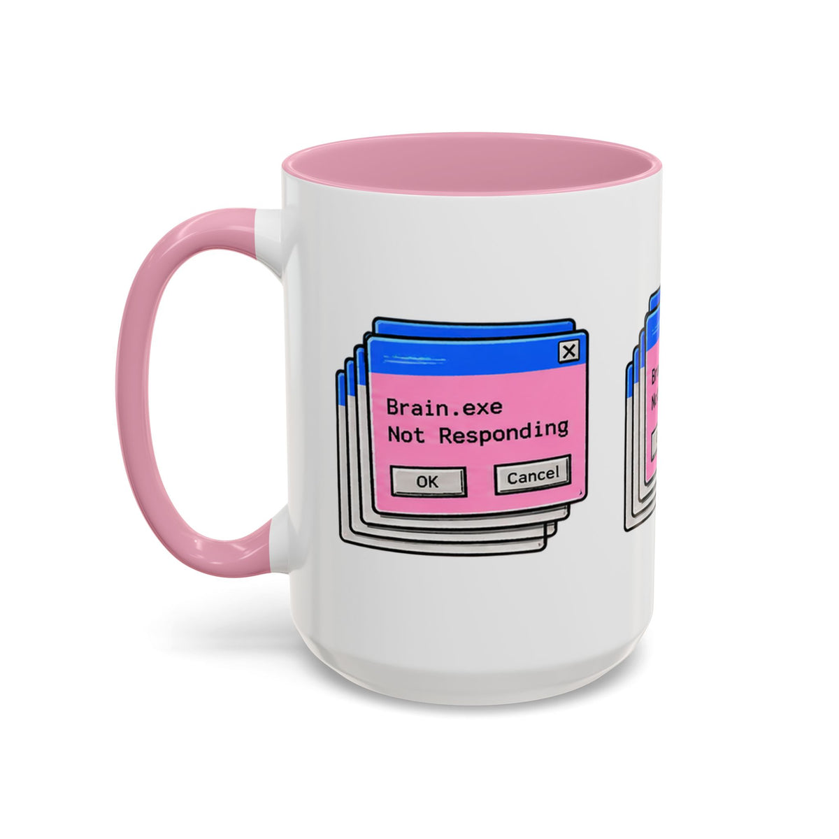 Brain.exe Not Responding 15 oz tech mug with pink handle and interior, left-side view