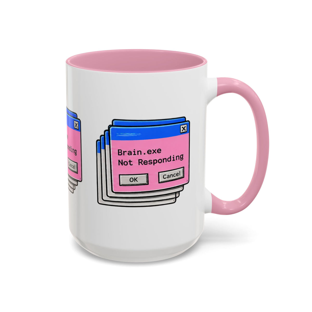 Brain.exe Not Responding IT mug with pink handle and interior, right-side view