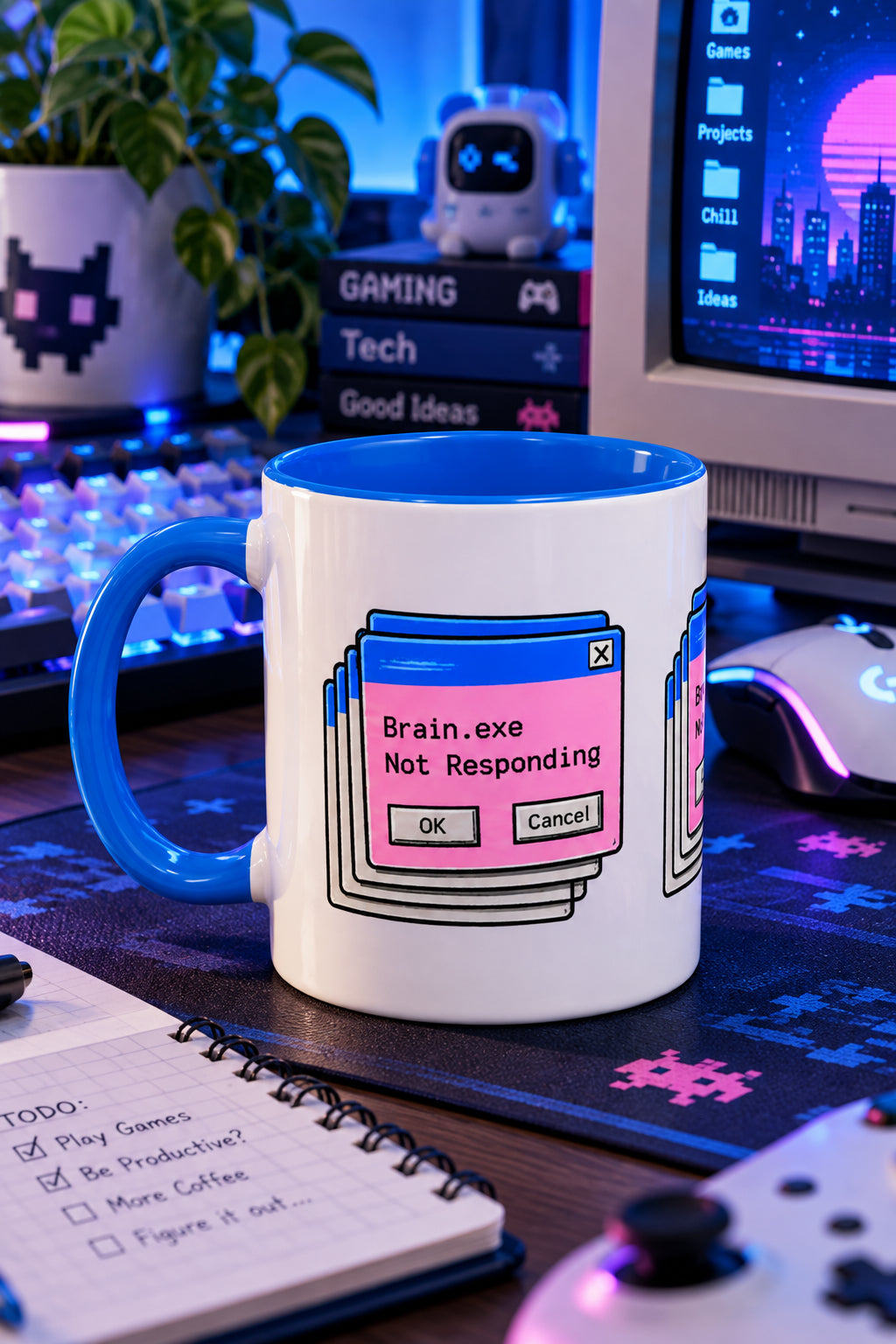 Brain.exe Not Responding blue tech mug on gaming desk with keyboard, monitor and controller