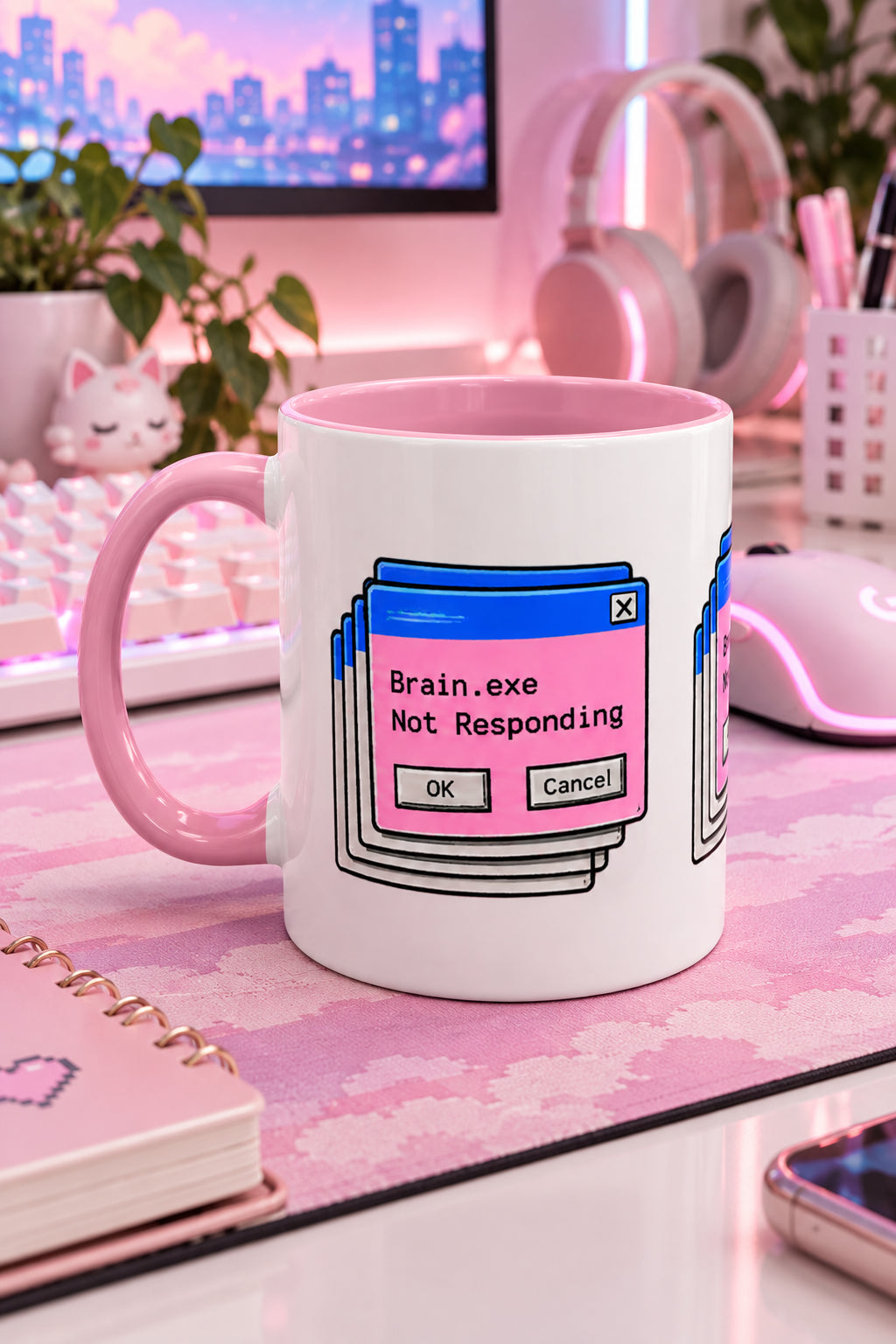 Brain.exe Not Responding pink tech mug on gaming and computer desk setup